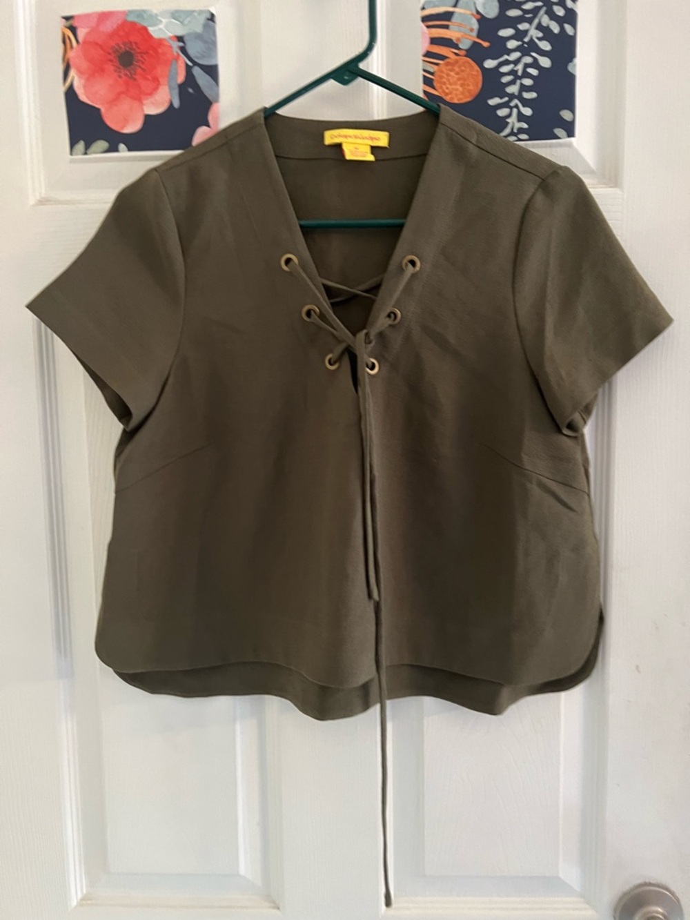 Catherine Malandrino Olive Lace-Up Short Sleeve Top